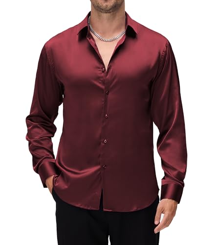 Alex Vando Mens Luxury Satin Dress Shirt Long Sleeve Silk Shiny Sateen Party Shirt