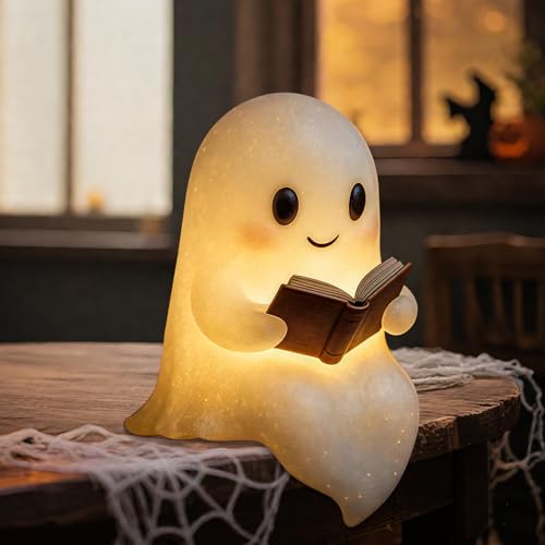 QETRABONE Halloween Ghost Reading Book Lamp, Funny Ghost Figurine Statue, Halloween Decoration for...