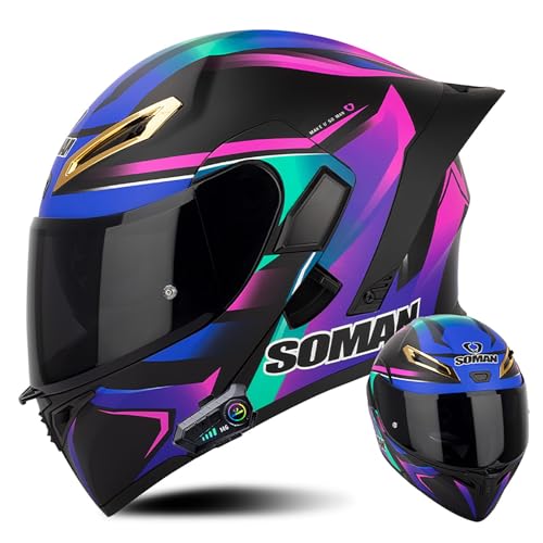 Frcychri Casque Intégral Moto Bluetooth Rabattable, Homologué ECE avec Visière Solaire, Lunette, Design Arrière Modulable pour Adultes Hommes Femmes 3,Small