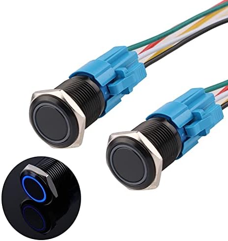 JIQI 16mm Momentary Push Button Switch Waterproof 12V-24V 1NO 1NC Black Aluminium Alloy Metal Push-Button Switch Ring LED with Wire Socket Plug for Car Marine(Blue,Pack of 2)