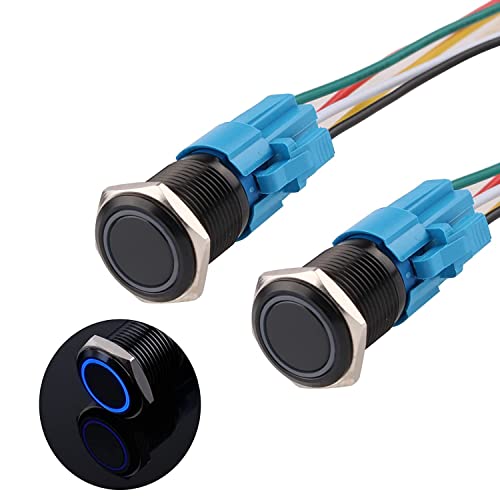 Jiqi 16Mm Momentary Push Button Switch Waterproof 12V-24V 1No 1Nc Black Aluminium Alloy Metal Push-Button Switch Ring Led With Wire Socket Plug For Car Marine(Blue,Pack Of 2) #TOP16
