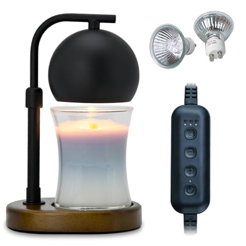 Cawalap Candle Warmer Lamp - Candle Warmer with Timer Dimmable Compatible with Jar Candles, Metal Top Candle Warmer with 2 Bulbs for Candle Warmer Lamps Black Round Black