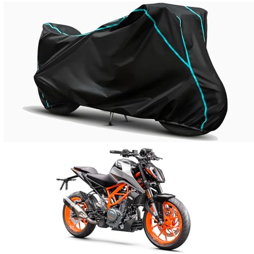 Image of Waterproof Bike Body Cover Compatible for | KTM 390 Duke | Taffeta Fabric, Sky Piping Design, Bottom Elastic Fit | Dustproof, Sun UV & Rain Protection for All Weather.