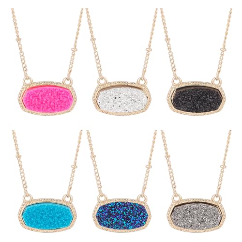 ANATTASOUL 6PCS Faux Druzy Stone Necklace Simulated Druzy Pendant Necklace for Women Colorful Sparkly Oval Stone Necklaces Christmas Valentine's Day Jewelry Gifts for Women Mom Wife Girlfriend