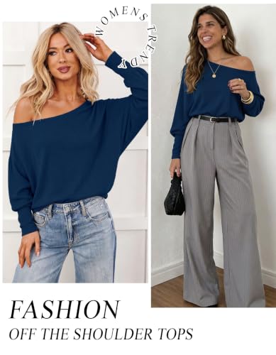 Image of Aifer Women's Off The Shoulder Tops Sexy Long Sleeve Shirts Oversized Fashion Casual Batwing Sweaters Pullover Tunic Tops
