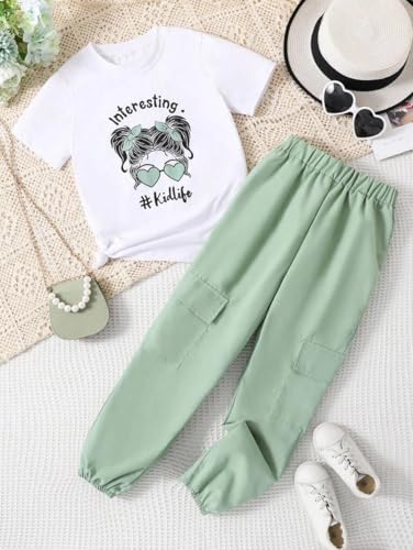 Image of Ayzozuy Kid Girl Clothes Outfits Figure Letter Graphic Tee Top + Flap Pocket Pants 2PC Clothing Set