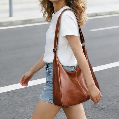 Image of Hobo Bags for Women Vegan Leather Purses Slouchy Shoulder Bag Tote | Trendy Crossbody Foldable Travel Vintage Ladies Everyday Purse, Adjustable Strap, 5 Pockets, 1 Built-in Key Leash