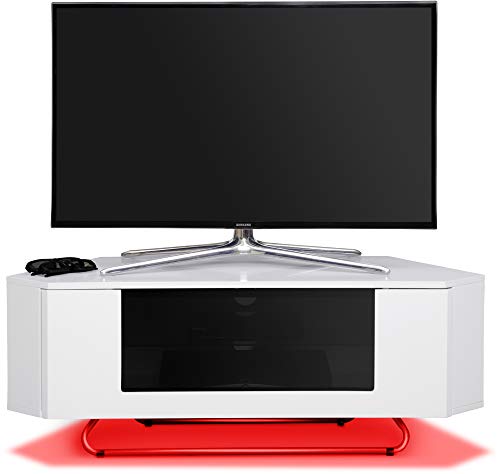 Homeology Hampshire Corner-Friendly Gloss White with Black Beam-Thru Remote Friendly Door 26"-50" Flat Screen TV Cabinet with 16 Colour LED Lights