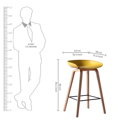 Image of Creative Modern Designer Bar Stool with Curved Seat, Wooden Finish Metal Legs & Metal Footrest - Premium Counter Height Chair for Kitchen, Dining & Bar (Yellow)