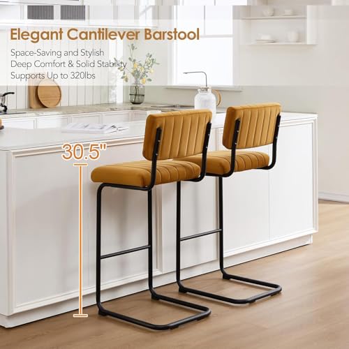 Image of ONEVOG 30.5'' Modern Bar Stools Set of 4, Upholstered Mid Century Modern Bar Height Stools Chairs with Tufted Cushion and Backs, Velvet Fabric Cantilever Barstools for Kitchen Island Pub