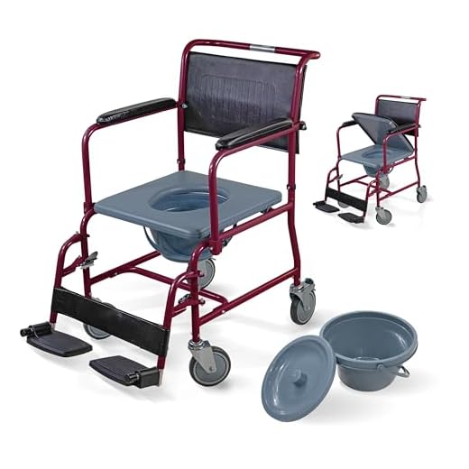 Mobiclinic, Modell Ancla, Toilettenstuhl mit Rollen, Toilettensitz für Ältere und Behinderte, WC Sitz, gepolsterter Sitz, klappbare Armlehnen, Abnehmbare Fußstützen, Mit Deckel, Bordeaux