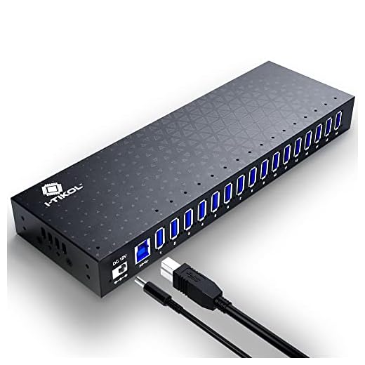 USB 3 0 Hub - 16 Ports Powered USB Hub - Desktop USB Expander Hub - up to 5Gbps High-Speed USB Splitter for Multiple Devices - Aluminum Alloy Multiple USB Hub w/ AC Adapter for Laptop Phone Tablet PC