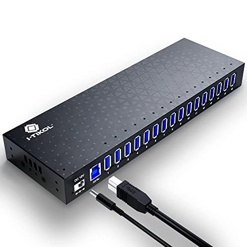 USB 3 0 Hub - 16 Ports Powered USB Hub - Desktop USB Expander Hub - up to 5Gbps High-Speed USB Splitter for Multiple Devices - Aluminum Alloy Multiple USB Hub w/AC Adapter for Laptop Phone Tablet PC
