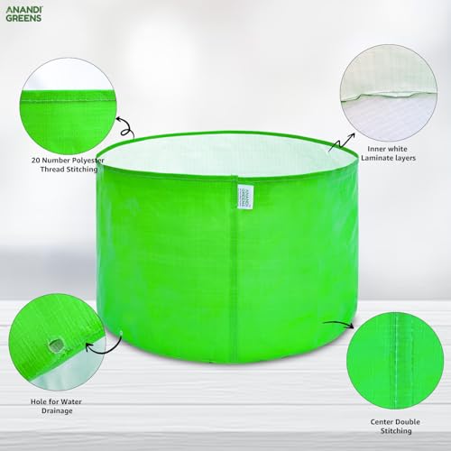 Image of Anandi Green's HDPE Uv Protected 260 GSM Round Green Colour Grow Bags Suitable for Terrace and Vegetable Gardening 15x12 Pack of 6 Plant Bag