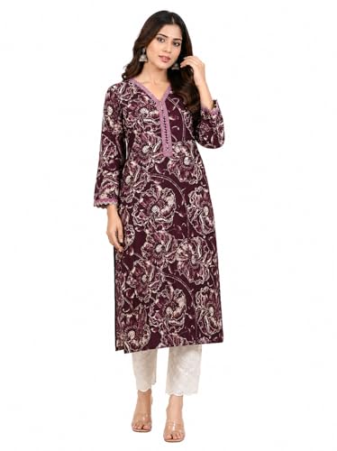 Image of Rimeline Women's Cotton Printed Kurta with Lace-Trim V-Neckline | Straight Fit Ethnic Wear for Festive, Casual & Office Use