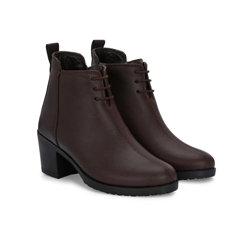 Women's Black & Brown Block Heel Ankle Boots | Lace-Up & Side Zip Closure | Synthetic Leather Booties-image-5