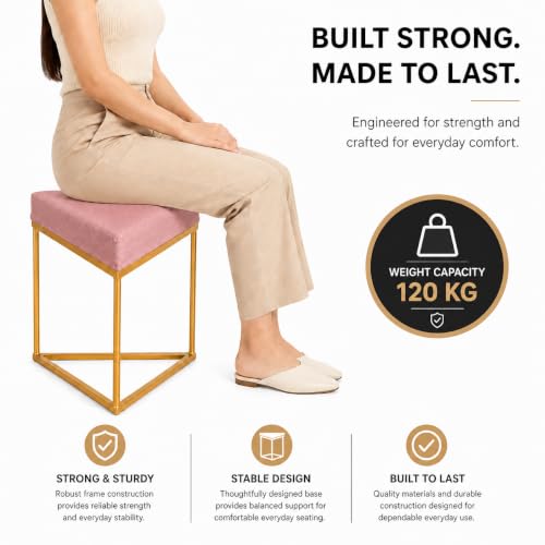 Image of Modern Velvet Triangular Vanity Stool with Gold Metal Frame | Upholstered Makeup Chair for Dressing Table | Accent Seating for Bedroom, Living Room & Home Decor-Pink