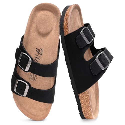 Image of FITORY Womens Flat Sandals with Cork Footbed, Open Toe Arch Support Slides Adjustable Slip On Slippers for Summer 2026 Size 6-11