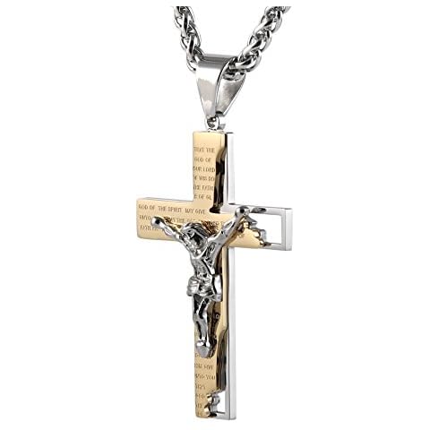 HZMAN Men's Stainless Steel Cross Crucifix Bible Prayer Pendant Necklace 22+2" Chain Gold Cover