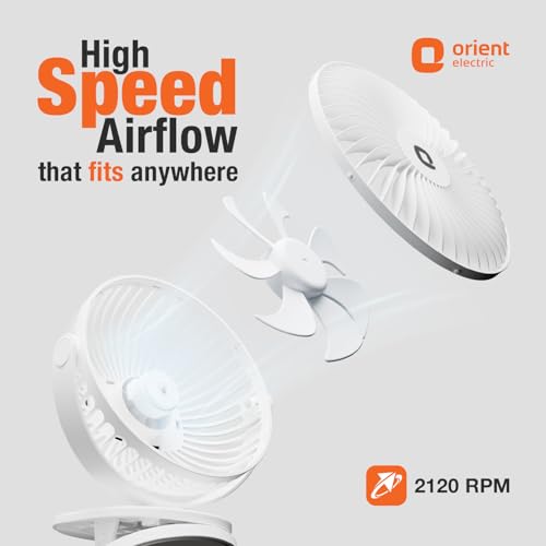 Image of Orient Electric Orbis Rechargeable Personal Fan | 360 Rotation | 1800 mAh Battery | 4 Speed Modes with Timer | Quiet Operation | USB Type-C Charging | Clip-On Mini Fan (White)