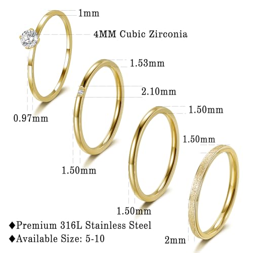 MDFUN 4 Pcs 18K Yellow Gold Plated Stainless Steel Stackable Rings Set for Women, Round Cubic Zirconia Thin Stacking Ring Simple Engagement Statement Rings Bands Set Size 5-103
