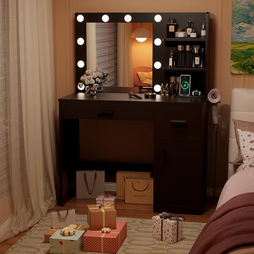 Image of Furmax Vanity Desk with Lighted Mirror 3 Modes & Power Outlets, Makeup Vanity Table with Drawers, Cabinet and Open Shelves, for Bedroom & Dressing Room (Black)