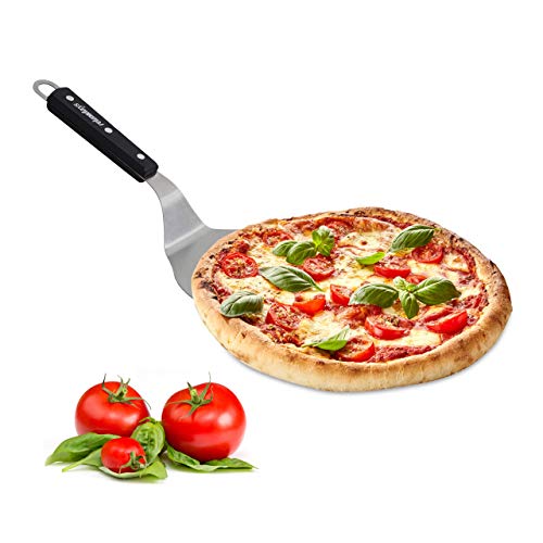 Relaxdays Pala Pizza Redonda Para Colgar, Mango, 16,5 X 17,5 Cm, Plateado Y Negro, Acero Inoxidable, Madera