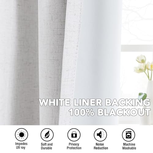 Image of H.VERSAILTEX Linen Curtains 100% Blackout Curtains for Bedroom 120 inch Long Full Light Blocking Nature Linen Blended Window Curtains for Living Room Nickel Grommet (2 Panels, Heathered White)