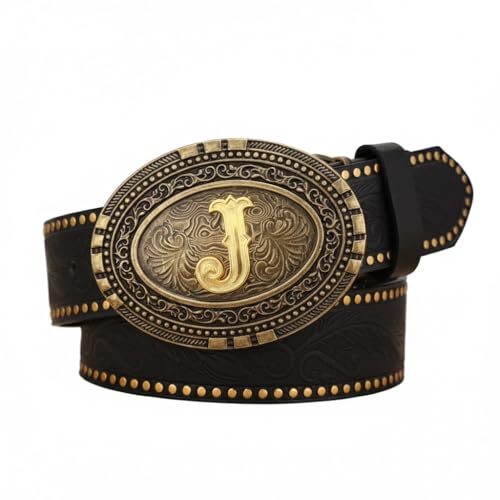 Ceinture monogramme personnalisée en cuir noir relief plume et boucle initiales bronze