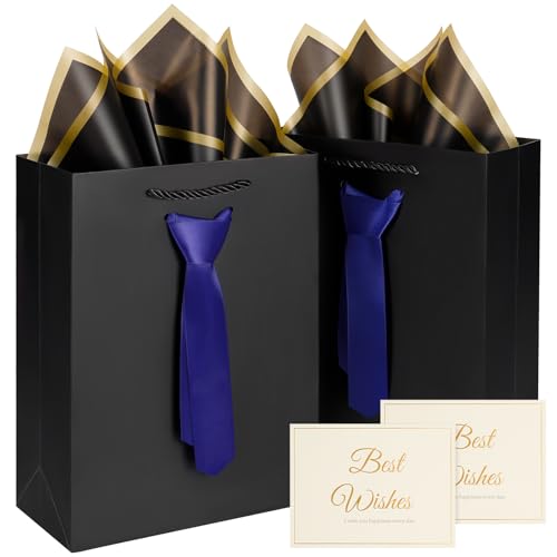 Black Gift Bags with Handles and necktie 2 Pcs small gift bags with 2 Tissue Paper and 2 cards for Men Boys Birthday Party Graduations Wedding Teacher Gifts Fathers Day Gift Bags 7.9 x 4 x 11 In(Small black/Blue)