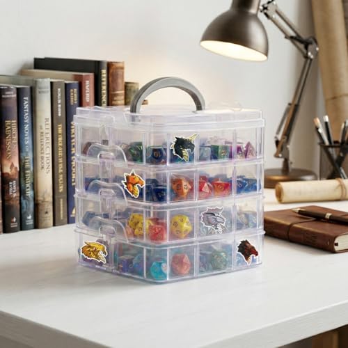 Image of PUGED DND Dice Storage Box with Removable Dividers Polyhedral Dice Plastic Organizer Holding Up To 1200 Dices Craft Bead Compartment Container with Stickers for Sewing, Jewelry, Art, DIY