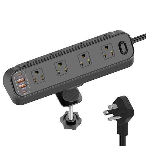 Regleta de energía con sujeción para escritorio DODOYESANA, 8 tomas AC, 4 puertos USB (2 USB-C PD 20W), cable extensión 1.82 m, protección contra sobrecarga, enchufe tipo B, color negro