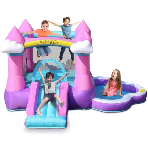 AirMyFun Pink Indoor/Outdoor Inflatable Bounce House for Kids 3-8 - Bouncy Castle with Slide, Blower, Water Pool & Ball Pit