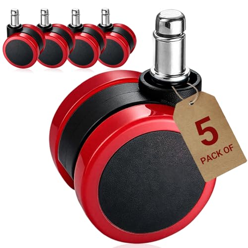 Red Office Chair Casters, 2″ Heavy-Duty Chair Castors Replacement with Rubber Ring, Gaming Desk Chair Casters Wheels-Set of 5, Smooth Rolling for Hardwood Carpet Tile Floors, 11 * 22mm Universal fit