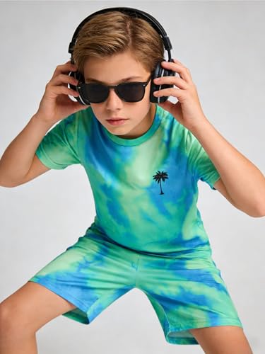 Image of Kid Toddler Baby Boys Clothes Tie-dye Palm Leaf Top 2Pcs Summer Shorts Set