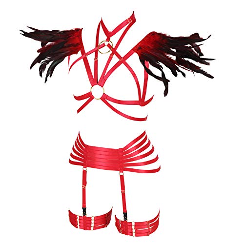 Foto von PETMHS Damen Feder Set Geschirr Käfig BH Plus Size Punk Gothic Festival Karneval Kunst Kostüm (rot lang)
