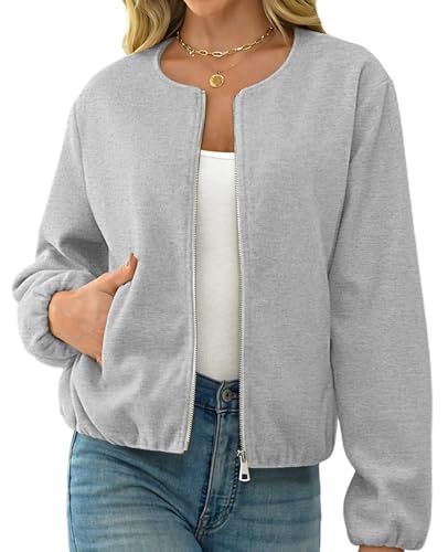 Womens Wool Blend Bomber Jackets Fall Winter Cropped Zip Up Coat Hoodless Outwear with Pockets