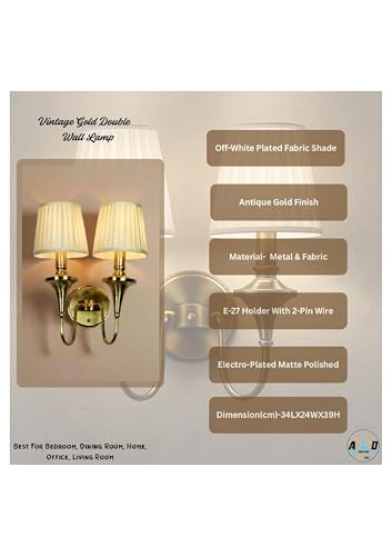 Image of Vintage Brass Double Arm Wall Lamp | Classic Fabric Platted Shade | Luxury Classic Sconce Light | Decorative Lighting Fixture for Living Room, Bedroom, Hallway