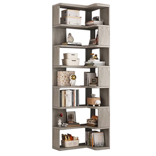 Estantería moderna de esquina alta de 5/6/7 estantes en forma de L para sala de estar, dormitorio, cocina, oficina en casa (gris, 60 x 40 x 222 cm)