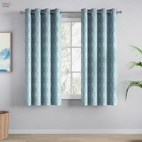 Image of haus & kinder Digital Printed Cotton Window Curtains 5 Feet Long Pack of 2 Window Curtains, 5 Feet Curtains for Window (Heritage Hues, Teal 130x152 CM)