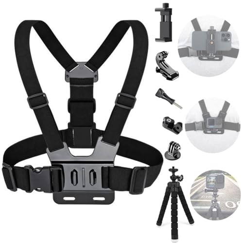 YHTSPORT Arnés de Pecho Soporte de Pecho, Soporte Movil Pecho Ajustable, Soporte de Pecho de Teléfono Móvil para Cámara de Acción de Gopro y Teléfonos + Trípode Portátil