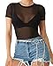 Mangopop Women's Clubwear Sheer Pure Mesh Tops Tee Blouse (S, Black-Short Sleeve Scoop Neck)