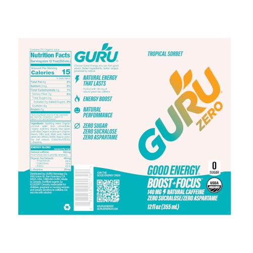 Image of GURU Zero Sugar Energy Drink, Tropical Sorbet, 12 Fl Oz, 24 Pack