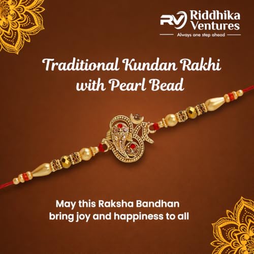 Image of Riddhika Ventures Glorious Gold Plated Religious Diamond Ring Rakhi || Traditional Rakhi Set of 2 & Festive Gift || Rakhi Gift Combo for Bhaiya Bhabhi