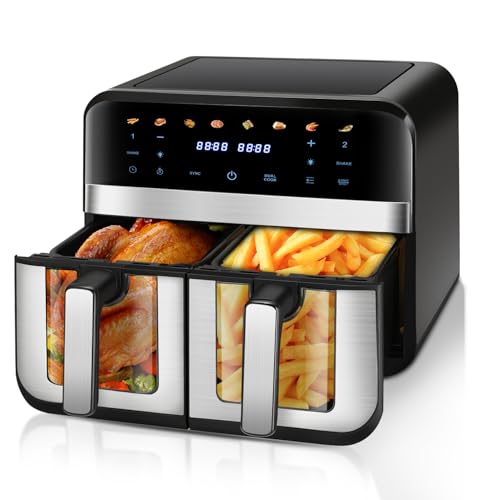 Freidora de aire caliente Dual Zone con ventana, 9L (4,5L + 4,5L) XL 2400W de capacidad, freidora doble, 8 programas, freidora de aire con pantalla táctil, función inteligente y temporizador,