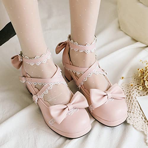 Luxmax Women Cosplay Shoes Cross Strap Block Heel Mary Jane Lace Pumps, Size 7 M Us,Pink #TOP3