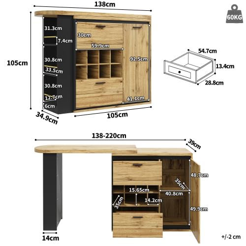 vutizal Stół do jadalni wysuwany z miejscem do przechowywania | 2 szuflady + regał na wino, imitacja słojów drewna MDF + metal, 140 x 80 cm (wysuwany 138-220 cm), nie zajmuje dużo miejsca, do kuchni i