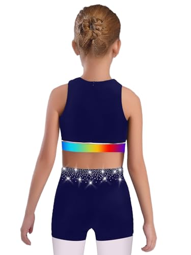 Girls Shiny Pcs Gymnastics Dance Sports Outfit Rhinestone Racer Crop Top With Shorts2
