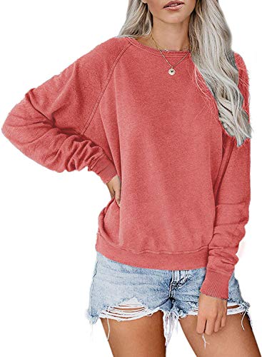 LAMISSCHE Womens Crewneck Long Sleeve Sweatshirt Casual Solid Pullover Lightweight Tops(Watermelon Red,L)