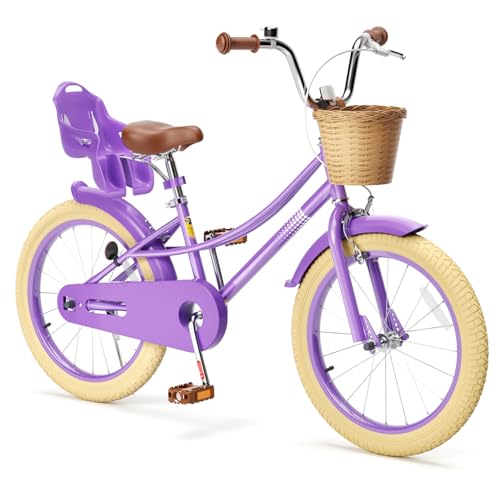 Glaf Toddler Girls Bike for 2-12 Years Old 12 14 16 20 Inch Girls Bike with Training Wheels and Baby Doll Seat Kids Bike Bicycle with Adjustable Seat Handlebar (20 Inch with Kickstand, Purple)